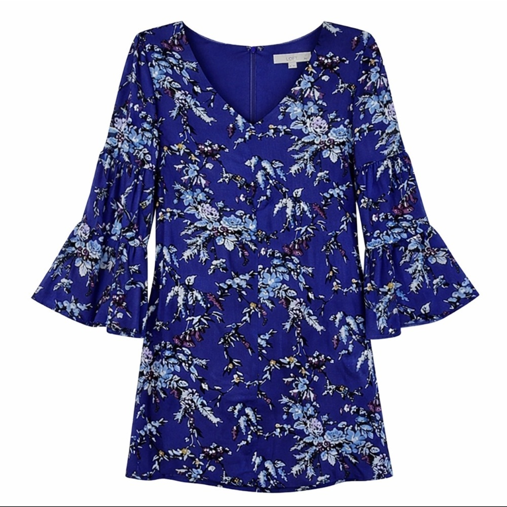 ANN TAYLOR LOFT PETITE SZ 2P  Bell Sleeve V-Neck Purple Flower Dress EUC